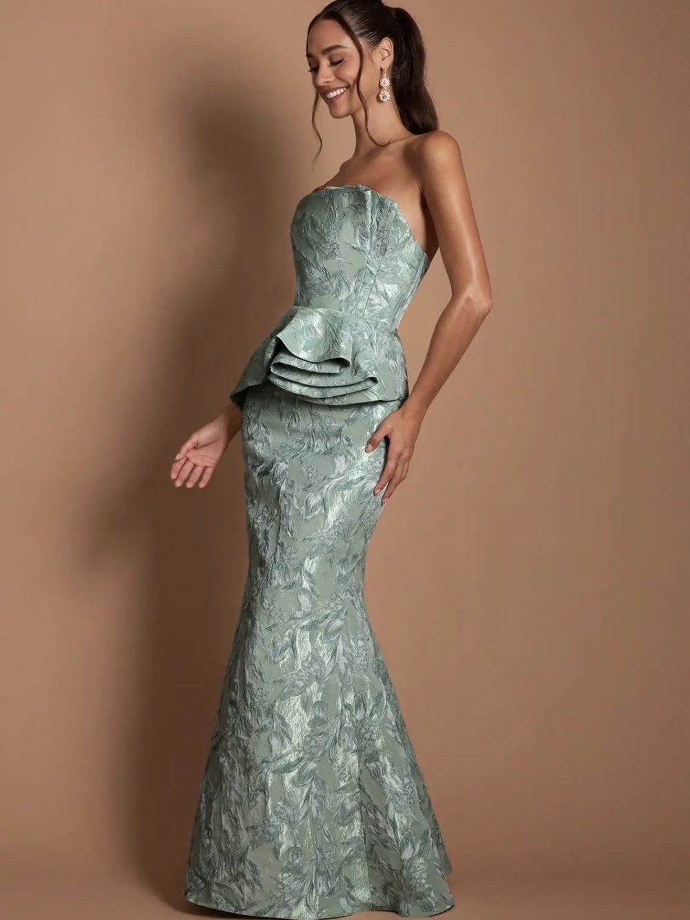 Strapless Seafoam Peplum Mermaid Gown - Picture 9 of 12